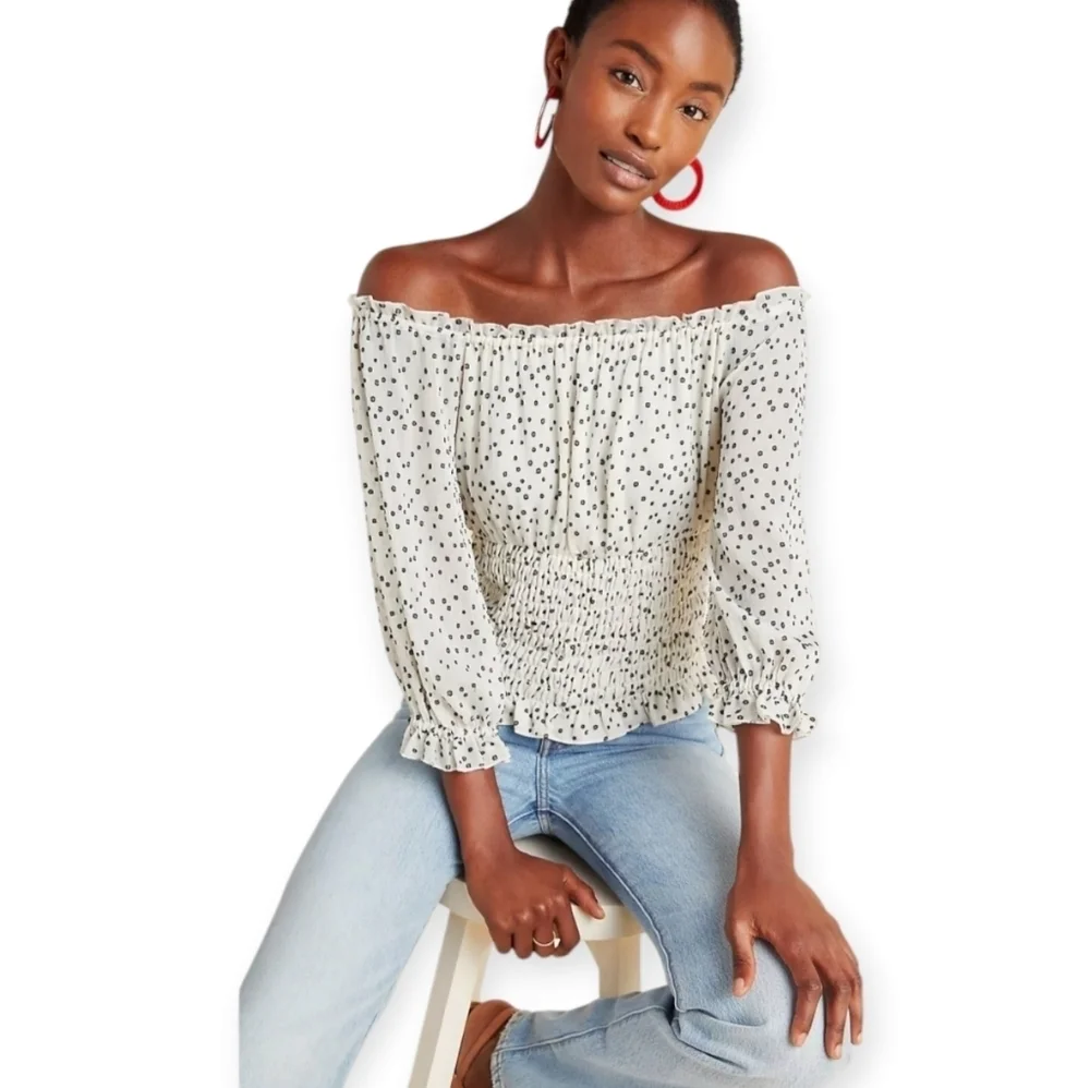 By Anthropologie Lucia Off the Shoulder Smocked Blouse White Polka Dot Large - Picture 16 of 16